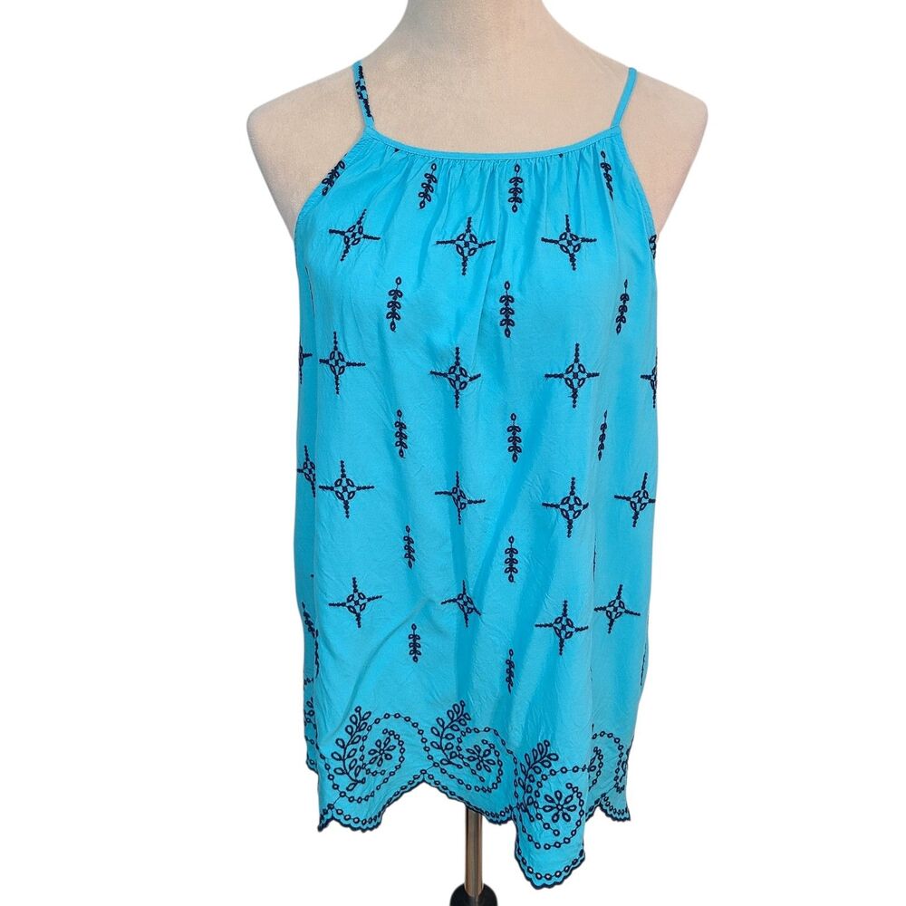 Crown & Ivy Blue Embroidered Boho Chic Tank Top L Scallop Eyelet Hem Coastal